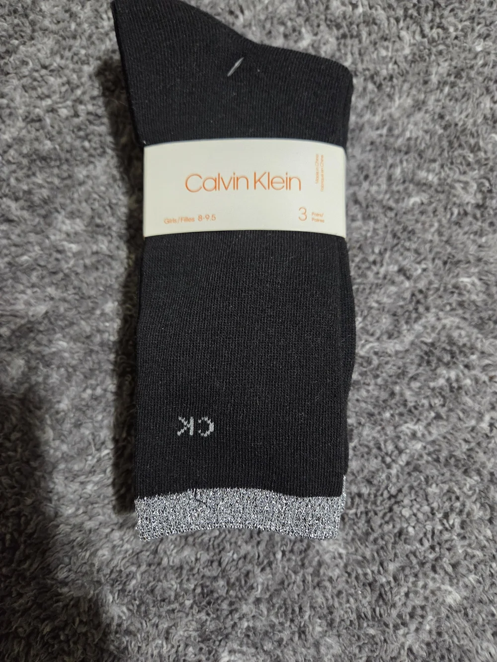 Calvin Klein Black Kids Crew Socks with Silver Metallic Trim - 3 Pack